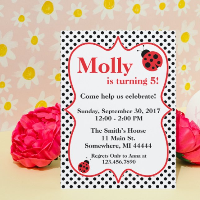 Black Polkadot Ladybug Birthday Party Invitation (Creator Uploaded)