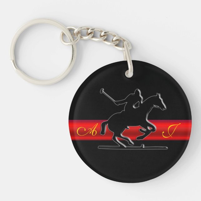 Black Polo Rider, Monogram, red chrome-look stripe Key Ring (Front)