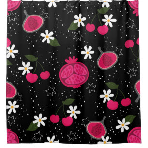 black pomegranate fruit cherry floral daisy shower curtain