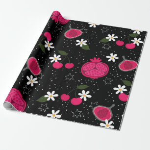 black pomegranate fruit cherry floral daisy wrapping paper