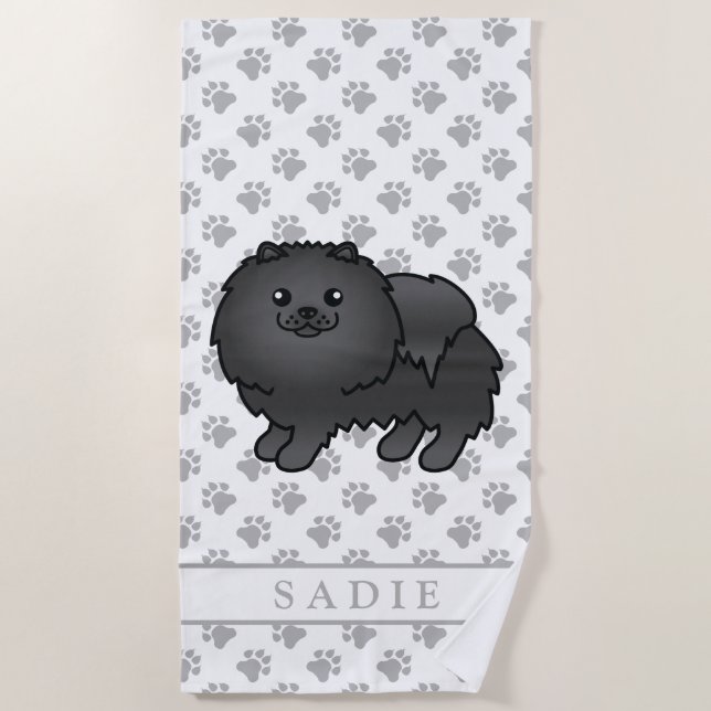 Black Pomeranian Cute Cartoon Dog & Name Beach Towel (Front)