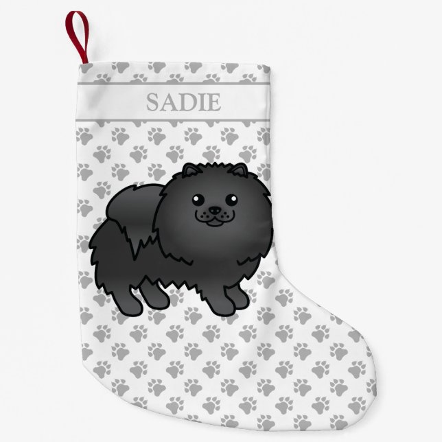 Black Pomeranian Cute Cartoon Dog & Name Small Christmas Stocking (Front)