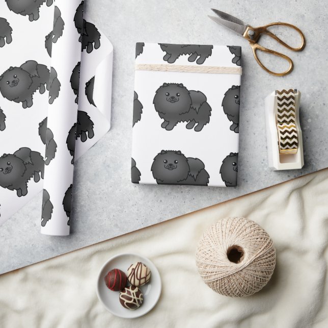 Black Pomeranian Cute Cartoon Dog Pattern Wrapping Paper (Crafts)