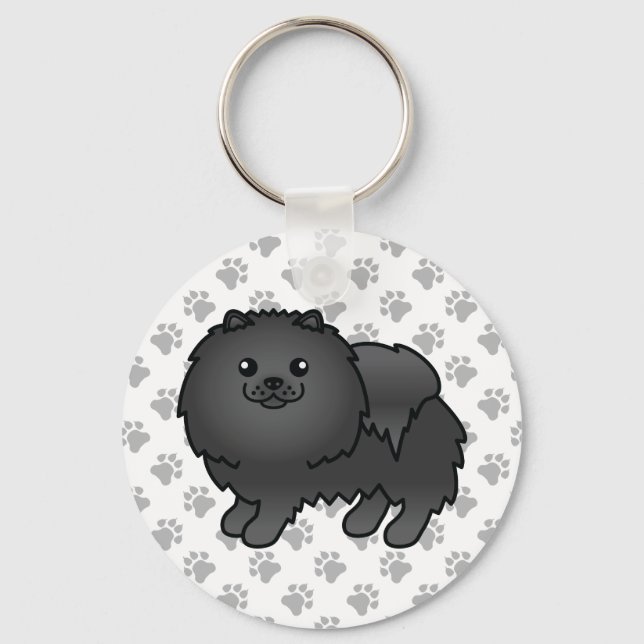 Black Pomeranian Cute Cartoon Dog & Paws Key Ring (Front)