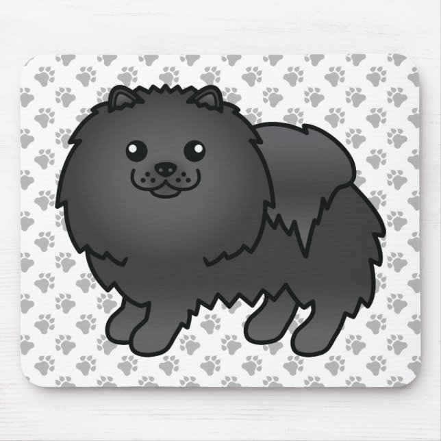 Black Pomeranian Cute Cartoon Dog & Paws Mouse Mat (Front)