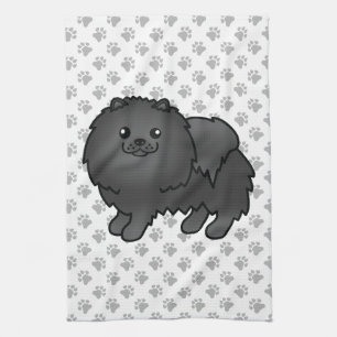 Black Pomeranian Cute Cartoon Dog & Paws Tea Towel
