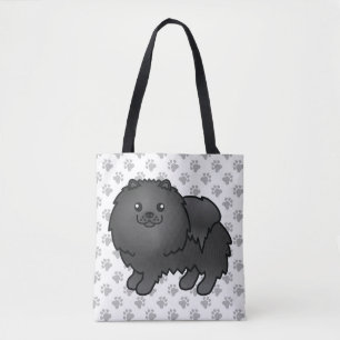 Black Pomeranian Cute Cartoon Dog & Paws Tote Bag