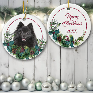 Black Pomeranian Dog Evergreen Berry Wreath Ceramic Tree Decoration