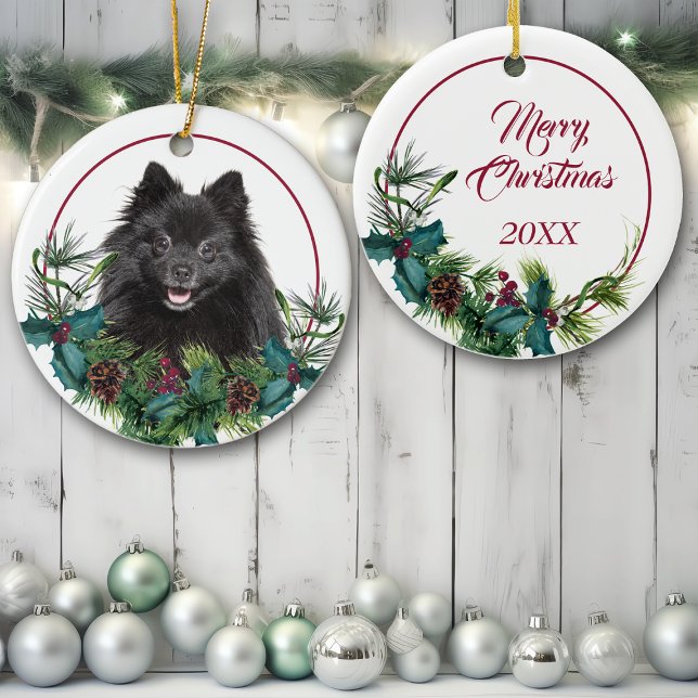 Black Pomeranian Dog Evergreen Berry Wreath Ceramic Tree Decoration (Creator Uploaded)