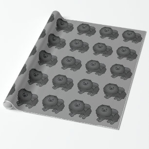 Black Pomeranian Dogs Pattern On Grey Wrapping Paper