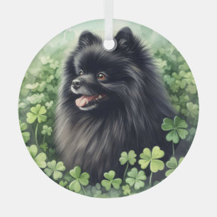 Black Pomeranian St Patricks Day Glass Tree Decoration