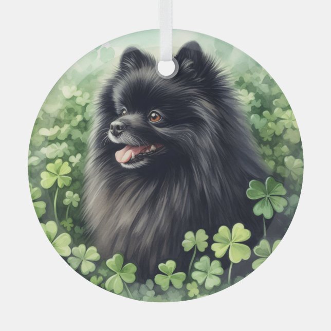 Black Pomeranian St Patricks Day  Glass Tree Decoration (Front)