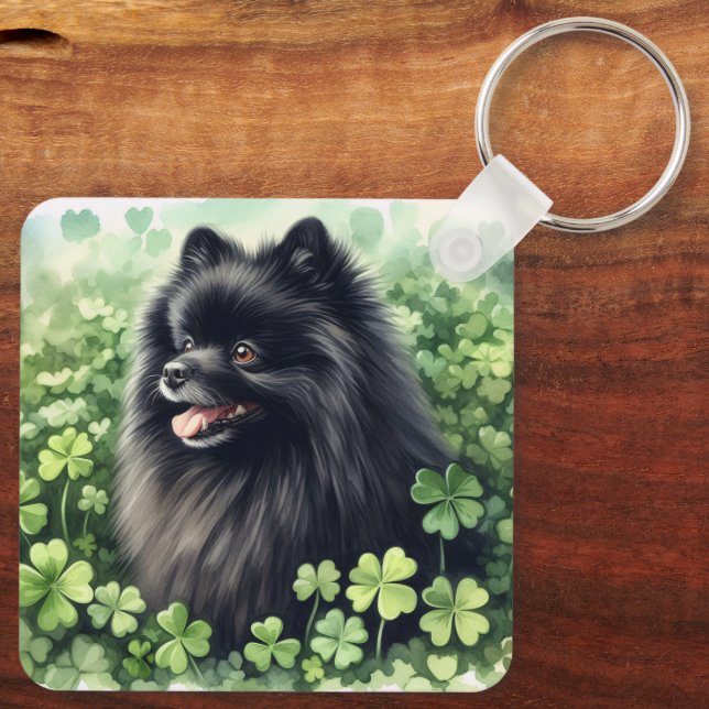 Black Pomeranian St Patricks Day  Key Ring (Back)