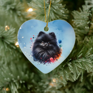 Black pomeranian watercolor illustration ceramic tree decoration