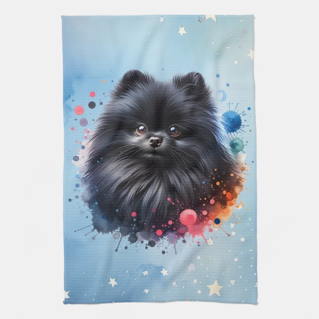 Black pomeranian watercolor illustration tea towel (Vertical)