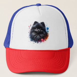 Black pomeranian watercolor illustration trucker hat