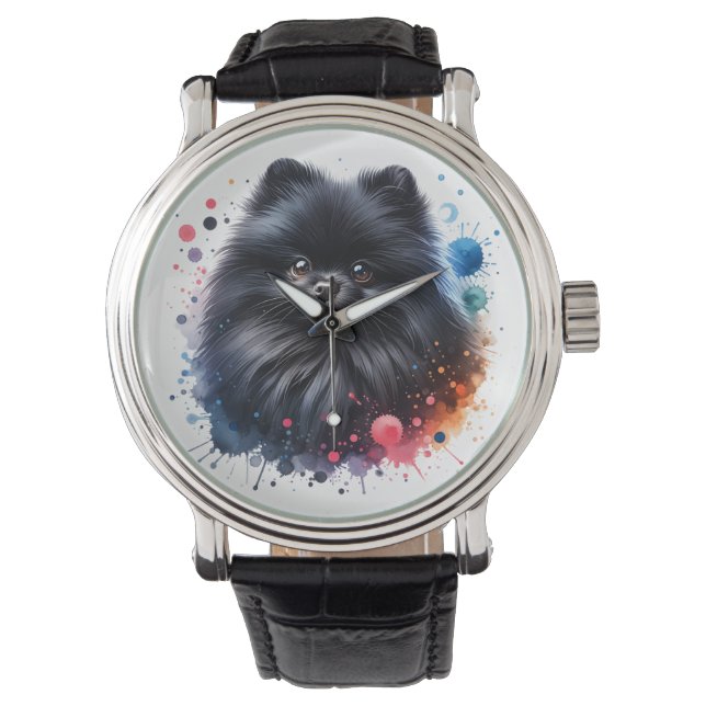 Black pomeranian watercolor illustration watch (Front)