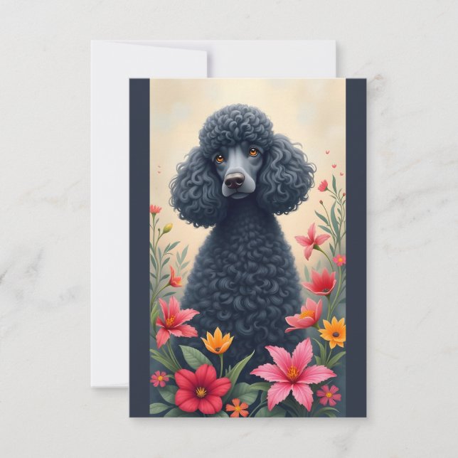 Black Poodle and Flowers Note Card (Front)