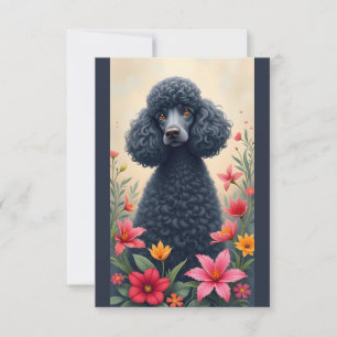 Black Poodle and Flowers Note Card