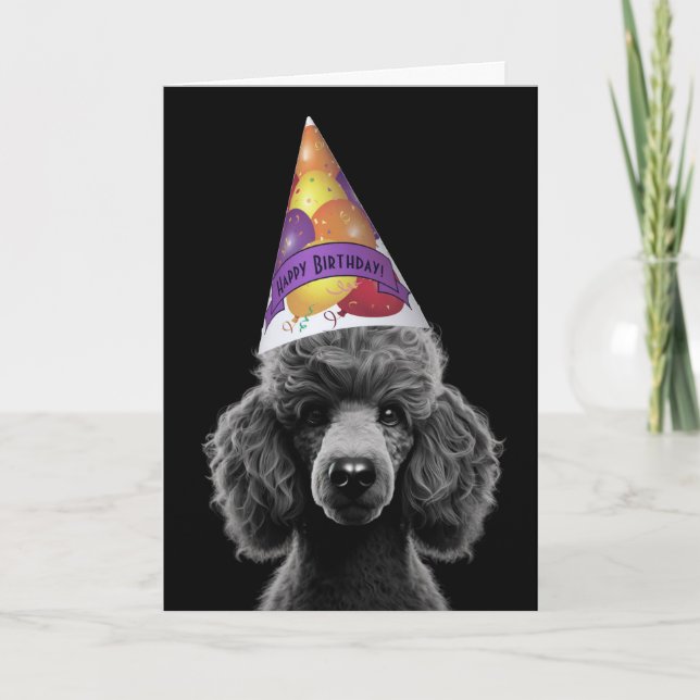 Black Poodle Head Party Hat with Happy Birthday  Card (Front)