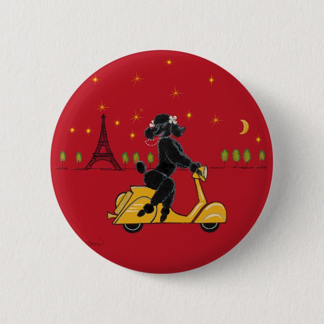 Black Poodle in Paris and Scooter 6 Cm Round Badge (Front)