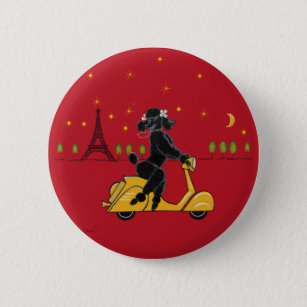 Black Poodle in Paris and Scooter 6 Cm Round Badge