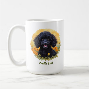Black Poodle Mug with Floral Sunrise Illustration
