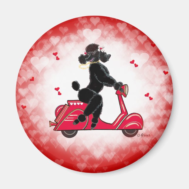 Black Poodle on a  Red Hearts Magnet (Front)