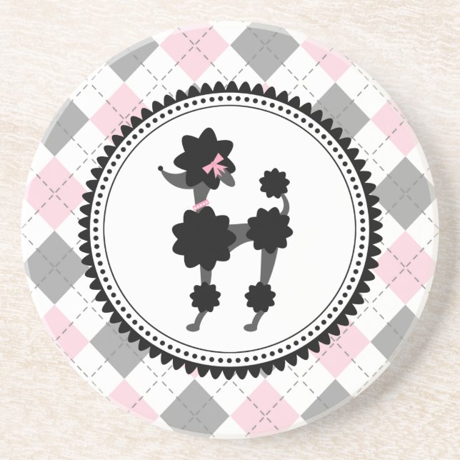 Black Poodle / Pink and Grey Argyle Coaster (Front)