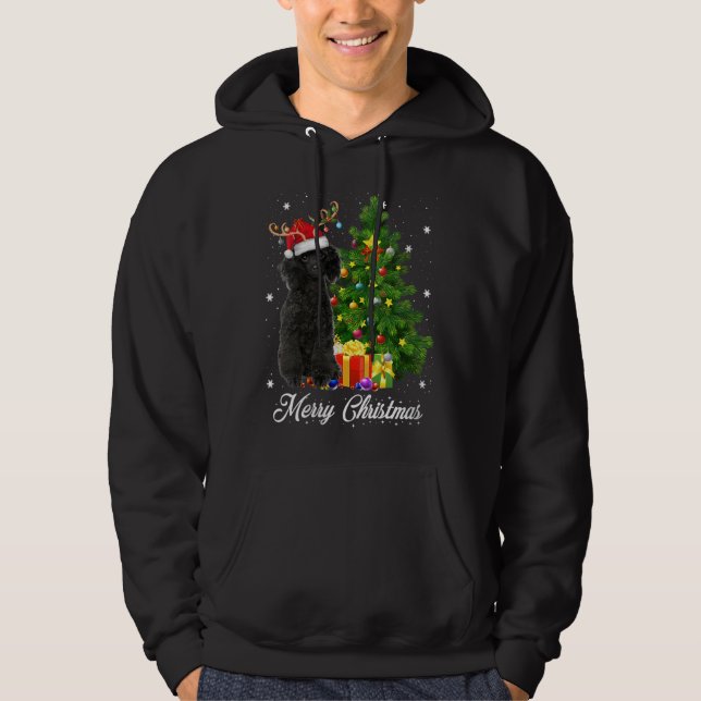 Black Poodle Santa Christmas Tree Lights Xmas Rein Hoodie (Front)