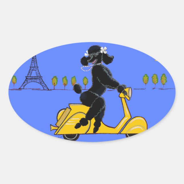 Black Poodle Scooter Retro Eiffel Tower Oval Sticker (Front)