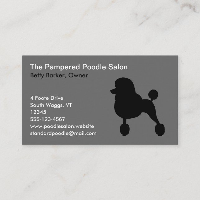 Black Poodle Silhouette (Standard, Fancy Haircut) Business Card (Front)