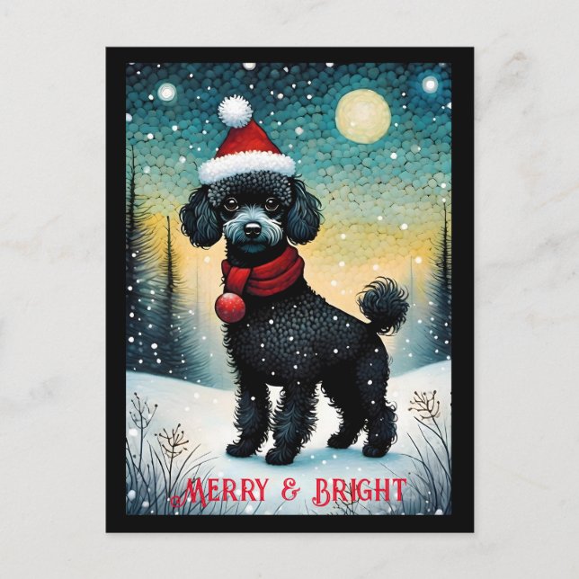 Black Poodle Snowy Meadow Santa Puppy Holiday Postcard (Front)