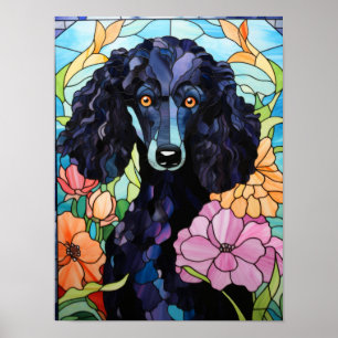 Black Poodle Stained Glass Window Floral Dog Art Poster