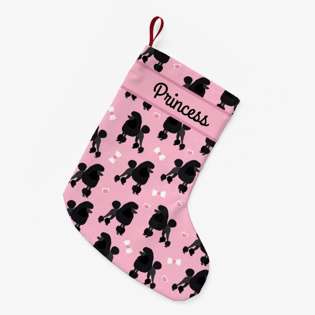 Black Poodles and Bows Pattern Custom Name Small Christmas Stocking (Front (Hanging))