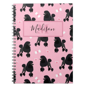 Black Poodles and Bows Pattern Name and Monogram Notebook