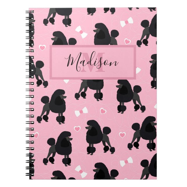 Black Poodles and Bows Pattern Name and Monogram Notebook (Front)