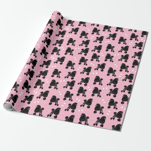 Black Poodles and Bows Pattern Pink Wrapping Paper (Unrolled)