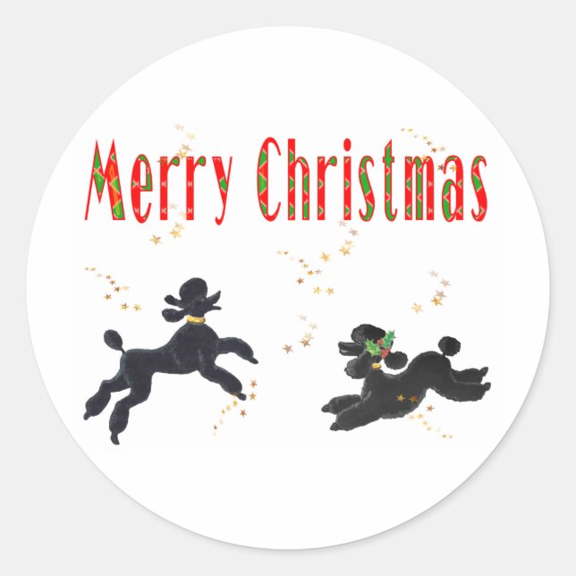 Black Poodles Playing Merry Christmas Art Stickers (Front)