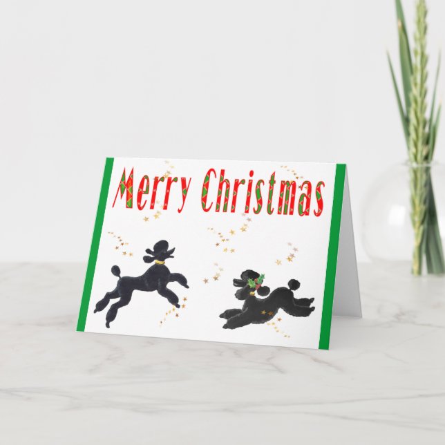 Black Poodles Playing Merry Christmas Note Cards (Front)