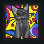Black Pop Art Cat Square Wall Clock<br><div class="desc">Fun and colourful wall clock,  with cartoon like graphics of a pop art style black cat. Great gift idea for any cat lover.</div>