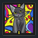Black Pop Art Cat Square Wall Clock<br><div class="desc">Fun and colourful wall clock,  with cartoon like graphics of a pop art style black cat. Great gift idea for any cat lover.</div>