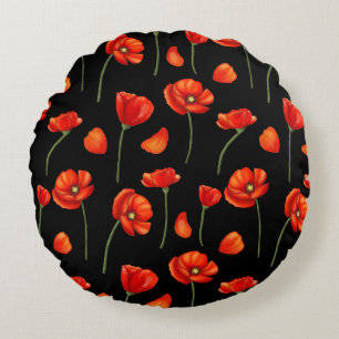 black poppy pattern round cushion