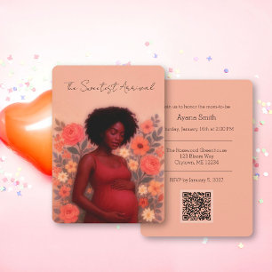 Black Pregnant Woman QR Code Baby Shower, Floral Invitation