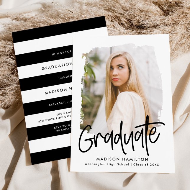 Black | Preppy Script Photo Graduation Party Invitation (Creator Uploaded)