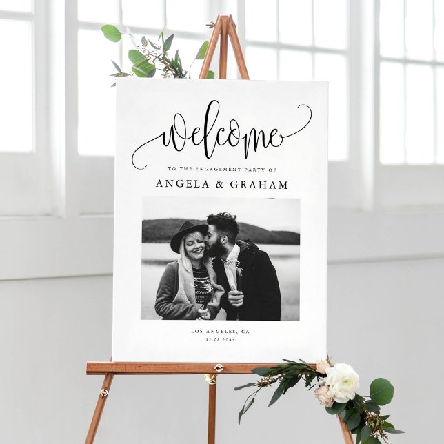 Black Pretty Calligraphy Engagement Party Photo Poster (Elegant photo welcome sign with black calligraphy and minimalist script for engagement parties.)
