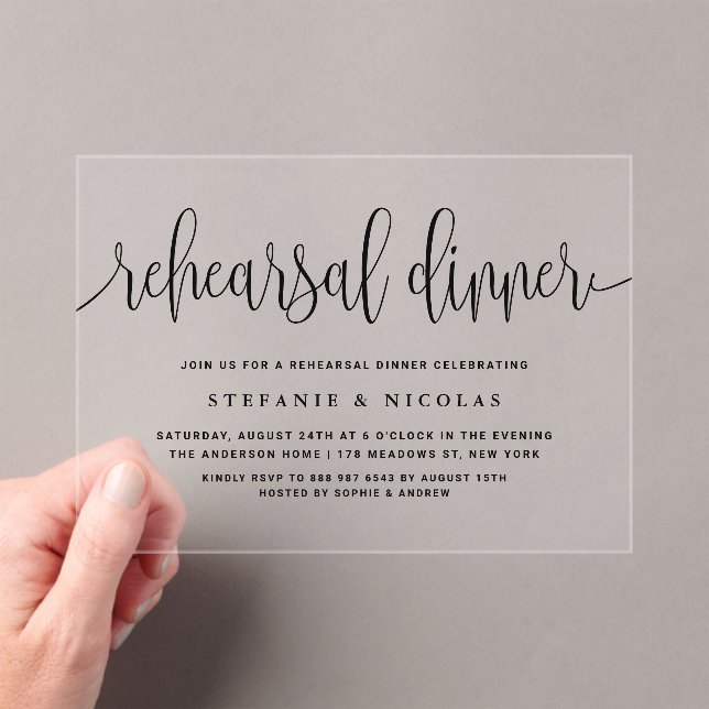 Black Pretty Calligraphy Rehearsal Dinner Acrylic Invitations (Insitu (Handheld))