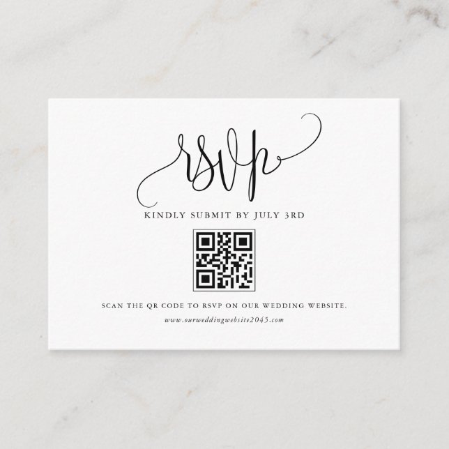 Black Pretty Calligraphy Script QR Code RSVP Enclosure Card (Front)