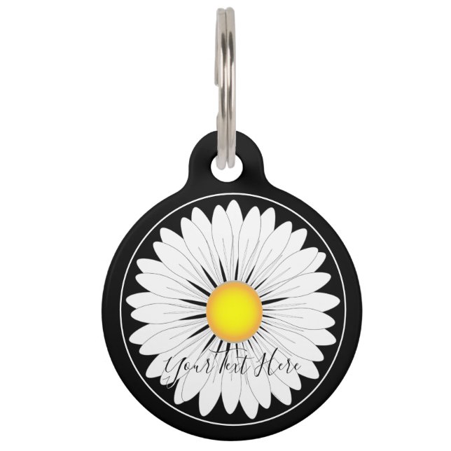 Black Pretty Little Daisy Round Pet ID Tag (Front)