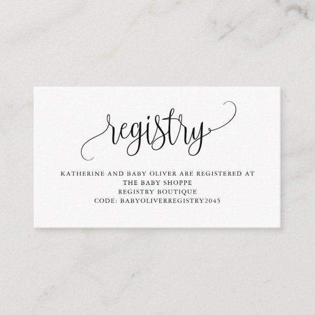 Black Pretty Script Baby Shower Registry Enclosure Card (Front)